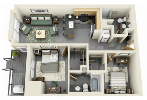 Floor plan for 2 beds, 2 baths, 884 sqft
